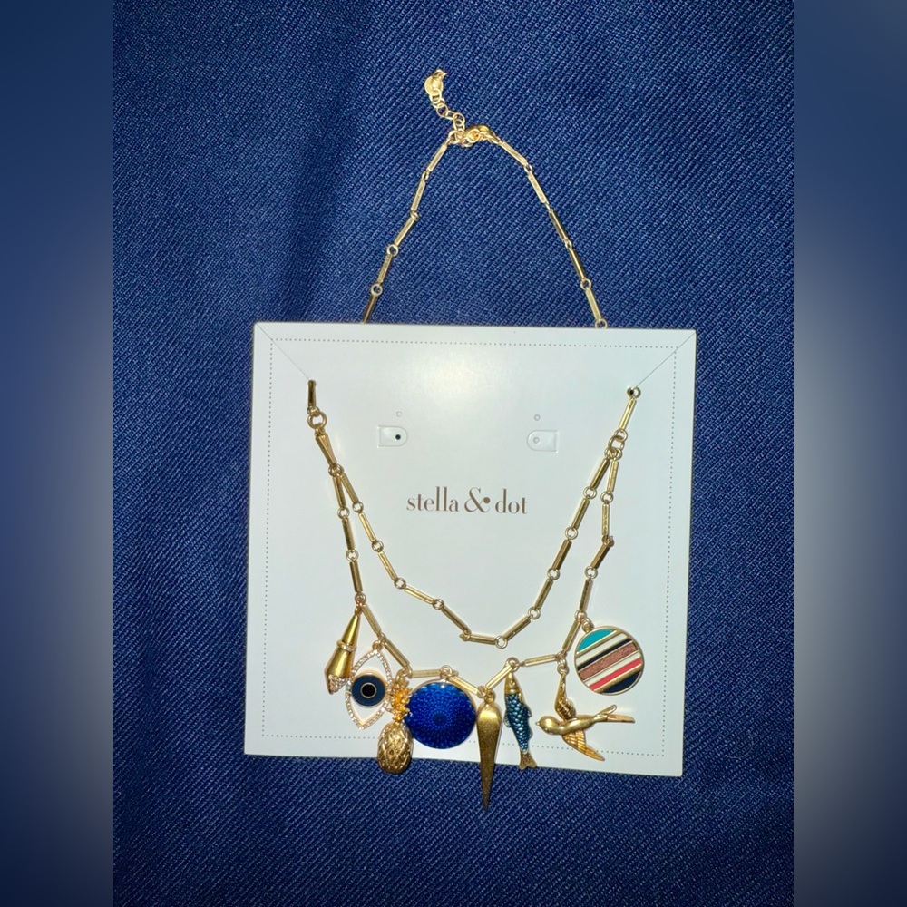 BNIB Stella & Dot Gold and Blue Charm Necklace